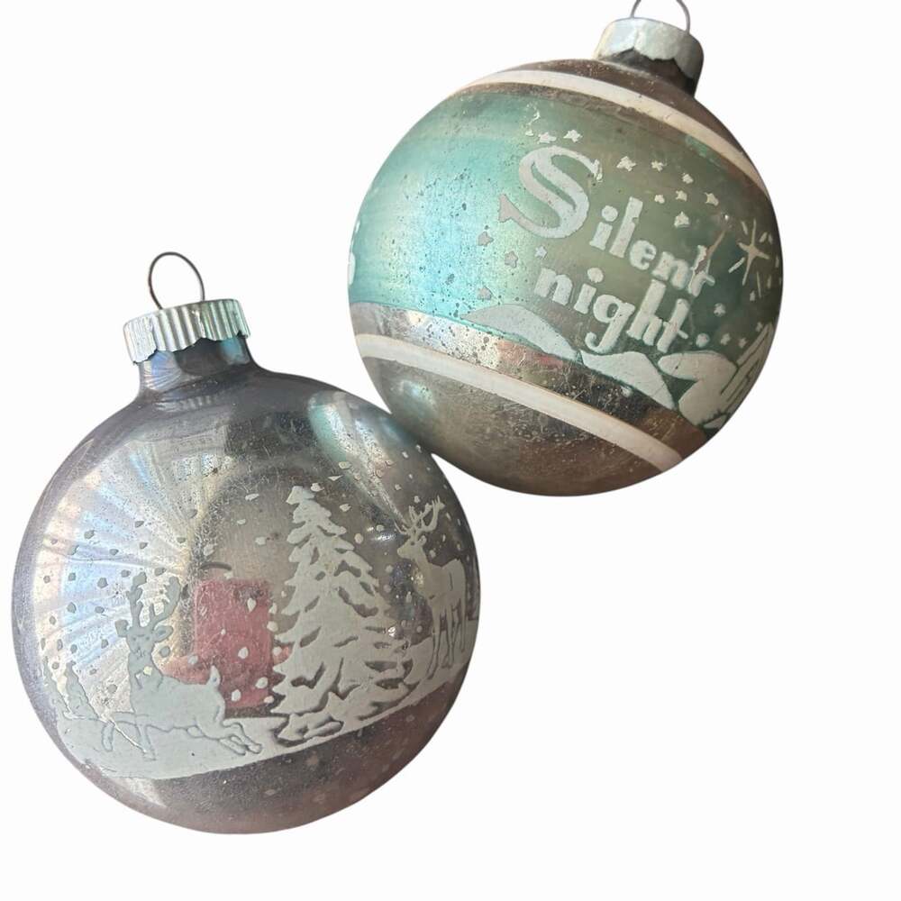 Shiny Brite Silent Night Deer Stencil Glass Ornaments 2.5" Vintage Pair
